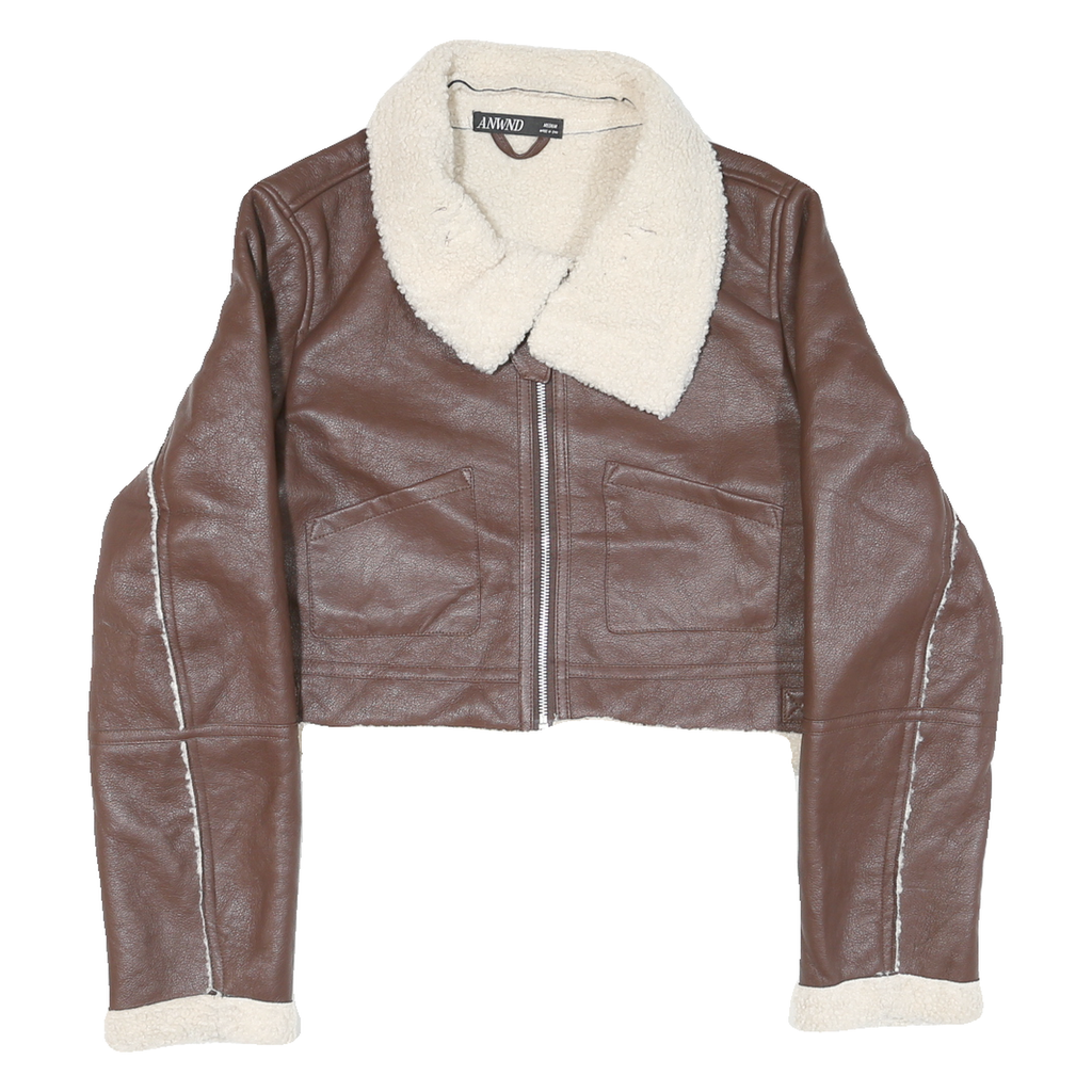 ANWND Womens Brown & Cream Leather Jacket M Shearling Crop Zip Up Casual