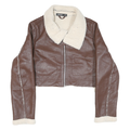 ANWND Womens Brown & Cream Leather Jacket M Shearling Crop Zip Up Casual