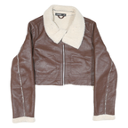 ANWND Womens Brown & Cream Leather Jacket M Shearling Crop Zip Up Casual
