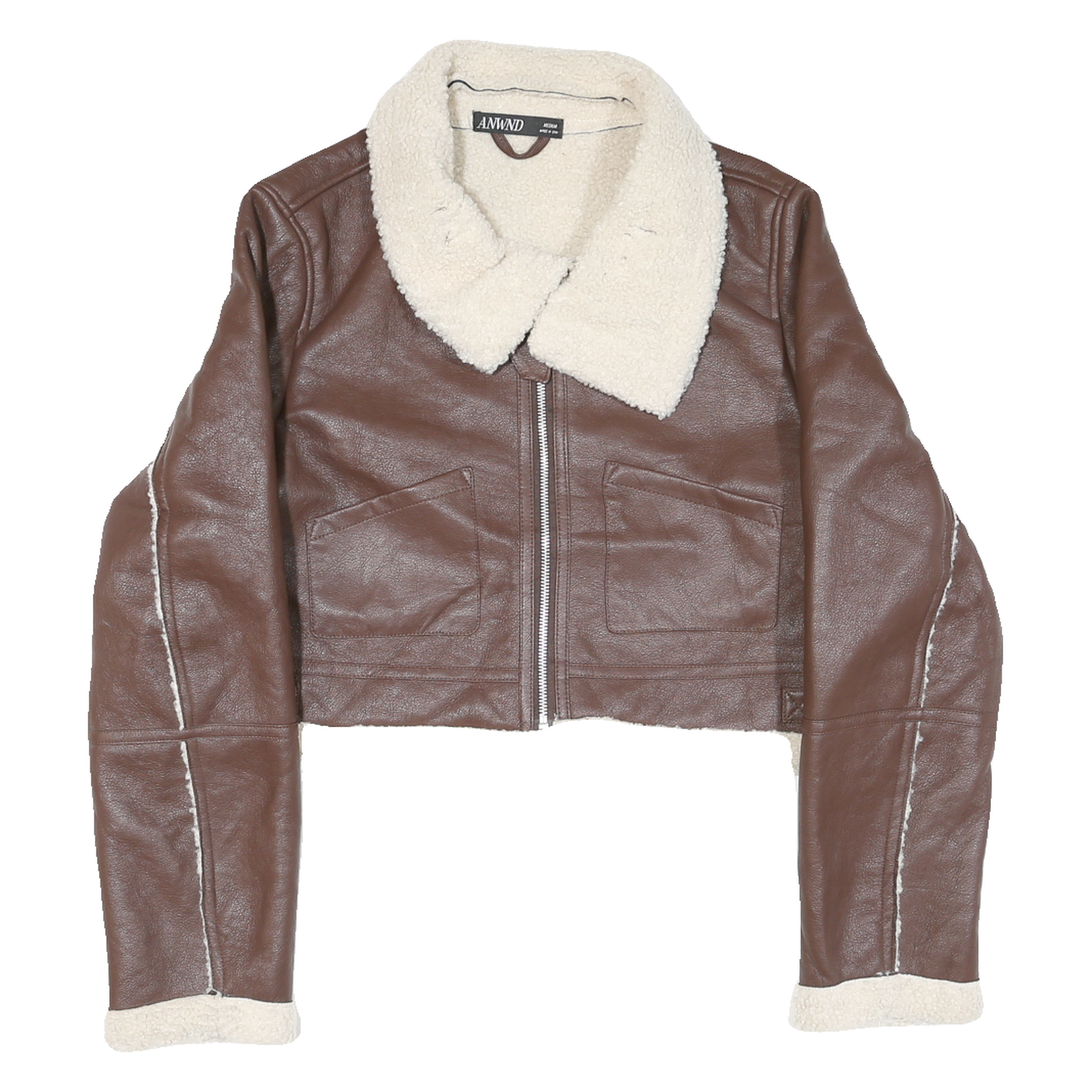 ANWND Womens Brown & Cream Leather Jacket M Shearling Crop Zip Up Casual