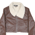 ANWND Womens Brown & Cream Leather Jacket M Shearling Crop Zip Up Casual
