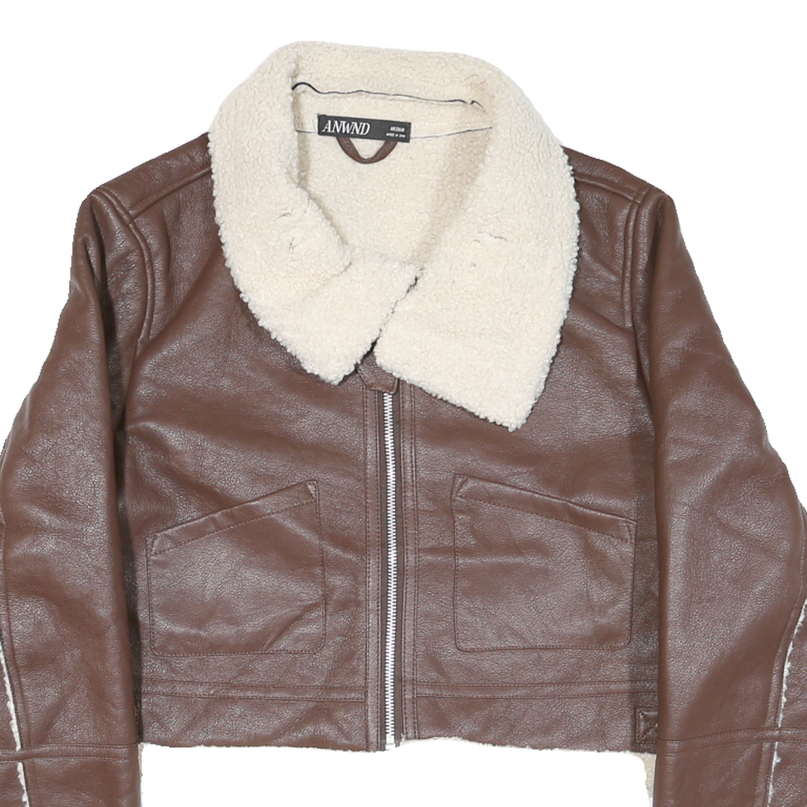 ANWND Womens Brown & Cream Leather Jacket M Shearling Crop Zip Up Casual