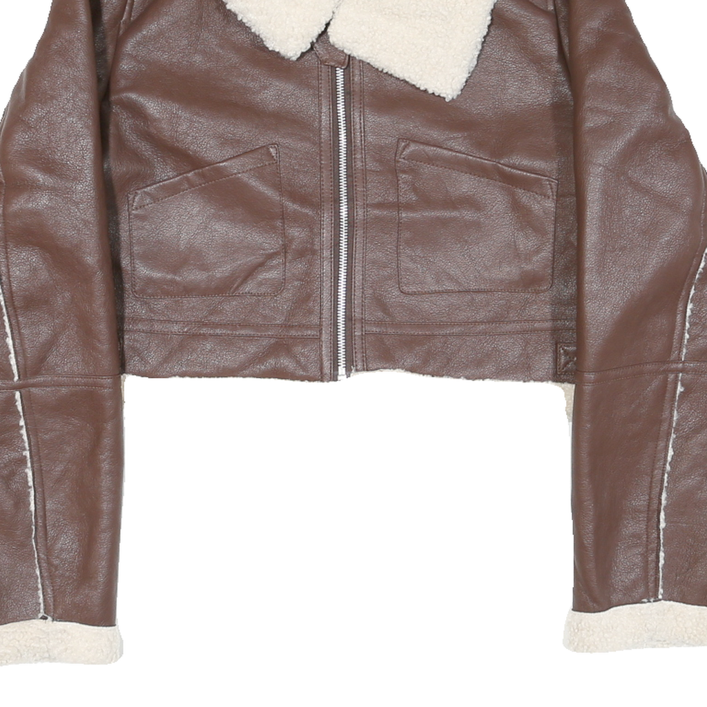 ANWND Womens Brown & Cream Leather Jacket M Shearling Crop Zip Up Casual