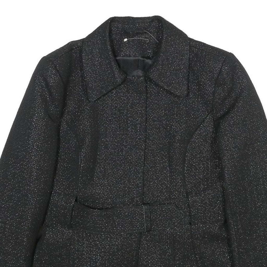 Womens Black Glitter Button Jacket M Woven Plain Adjustable Waist Belt