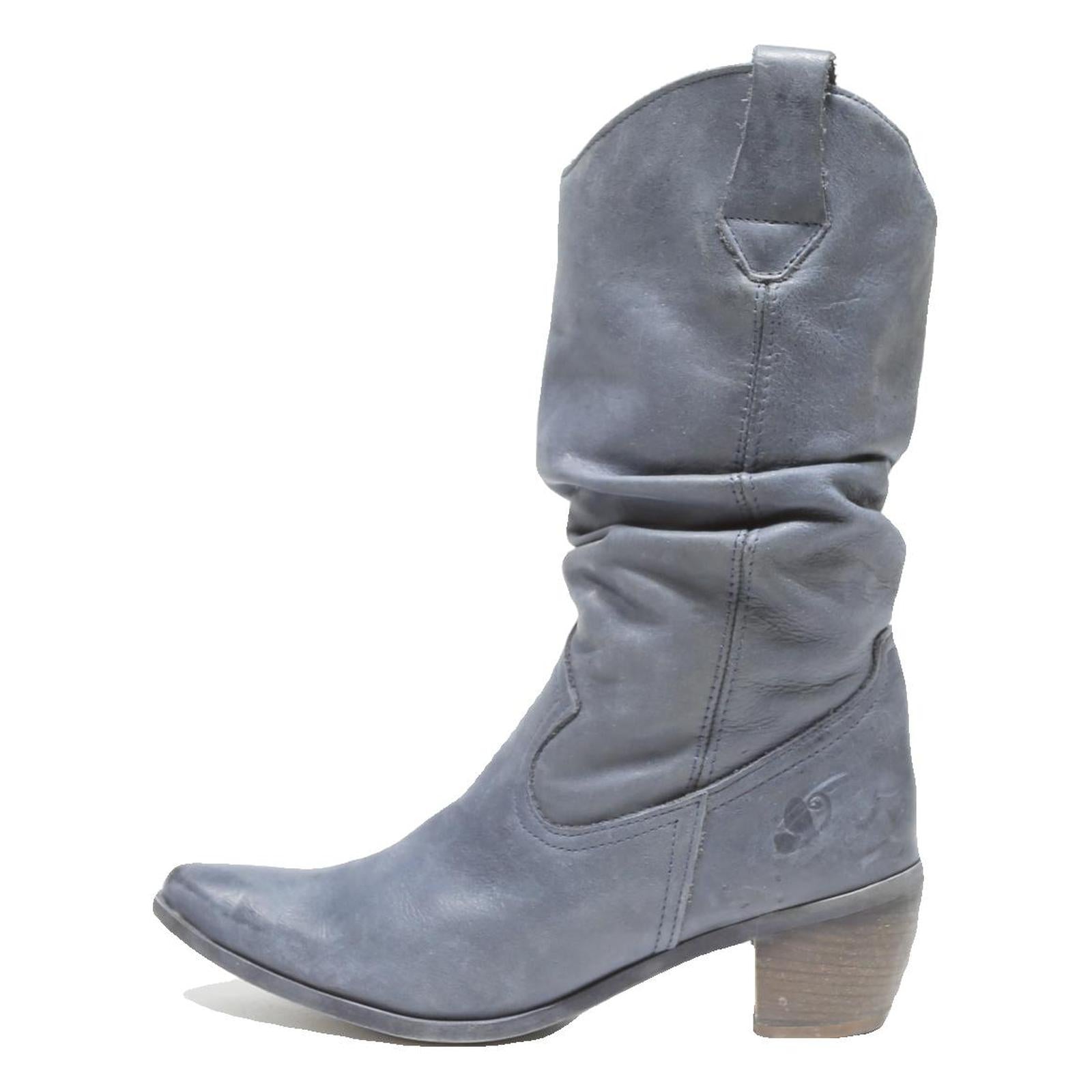 Womens Slouchy Western Ankle Boots Leather Grey UK 5 Heel Casual Fashion