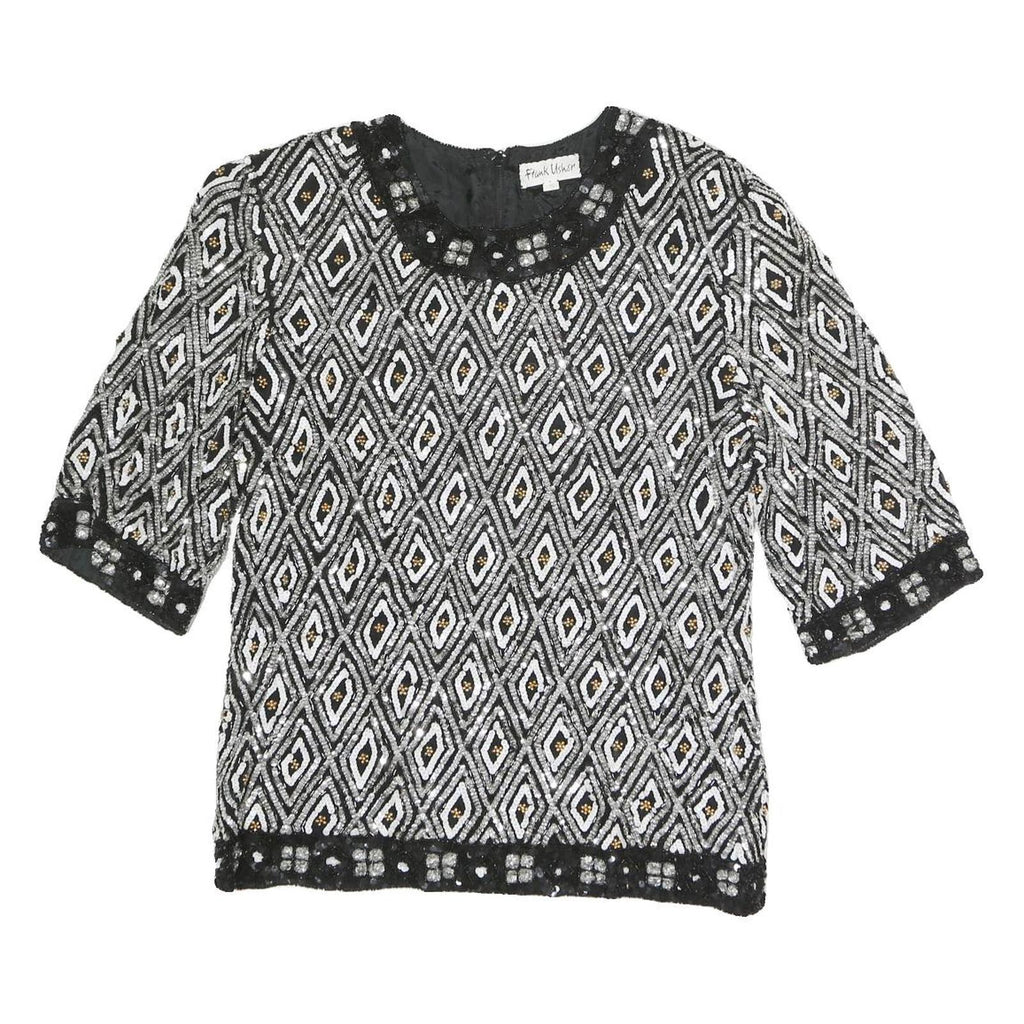 FRANK USHER Womens Black Printed Top Short Sleeve Round Neck S Beaded