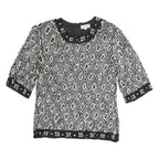 FRANK USHER Womens Black Printed Top Short Sleeve Round Neck S Beaded