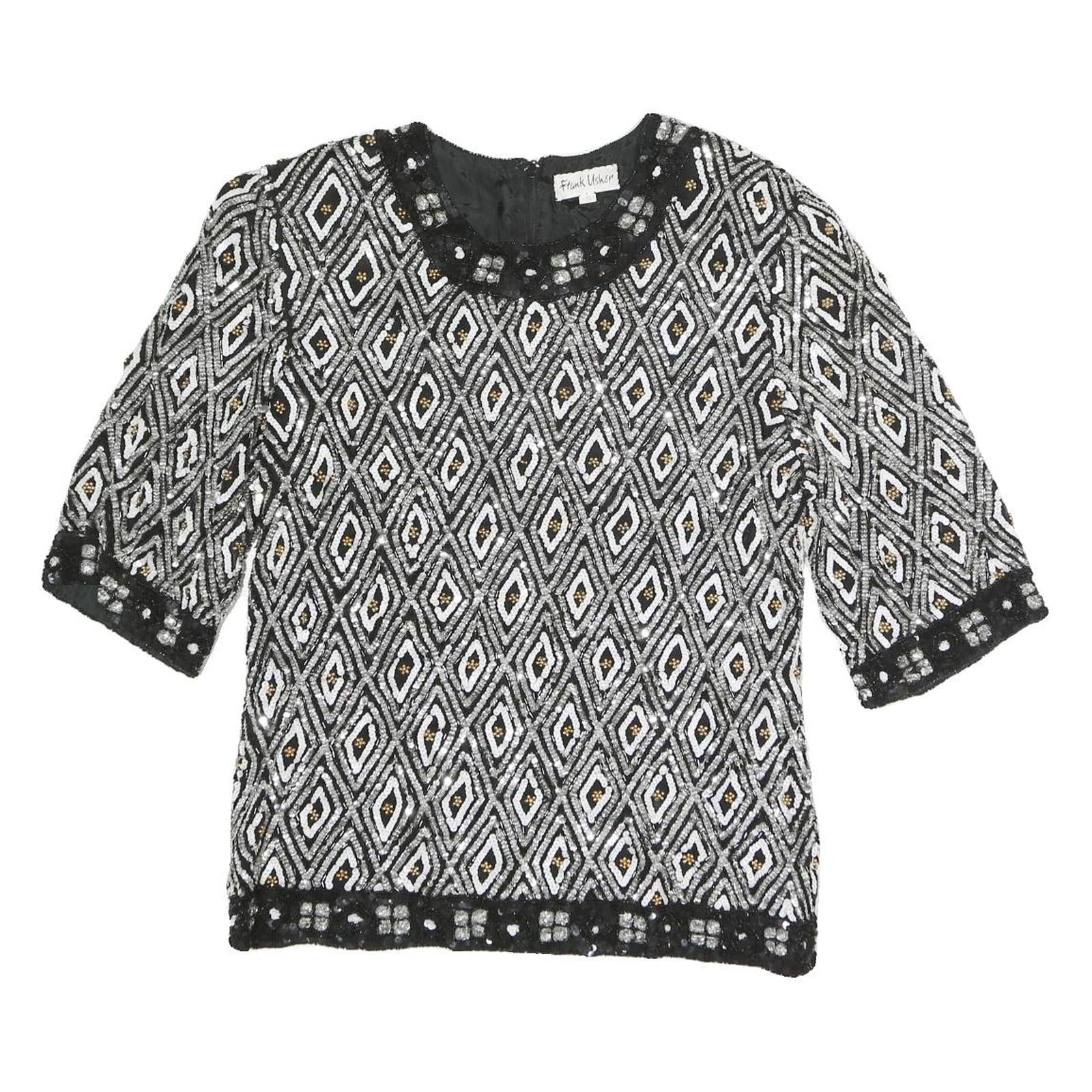 FRANK USHER Womens Black Printed Top Short Sleeve Round Neck S Beaded