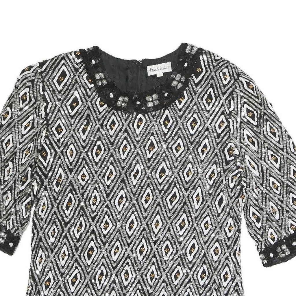 FRANK USHER Womens Black Printed Top Short Sleeve Round Neck S Beaded