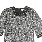 FRANK USHER Womens Black Printed Top Short Sleeve Round Neck S Beaded