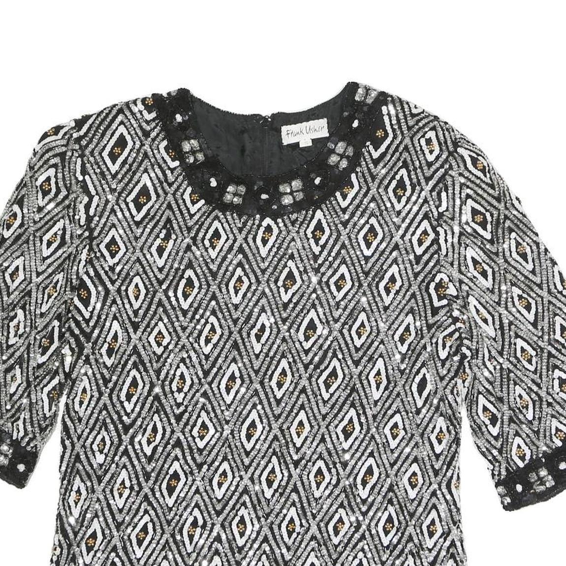 FRANK USHER Womens Black Printed Top Short Sleeve Round Neck S Beaded