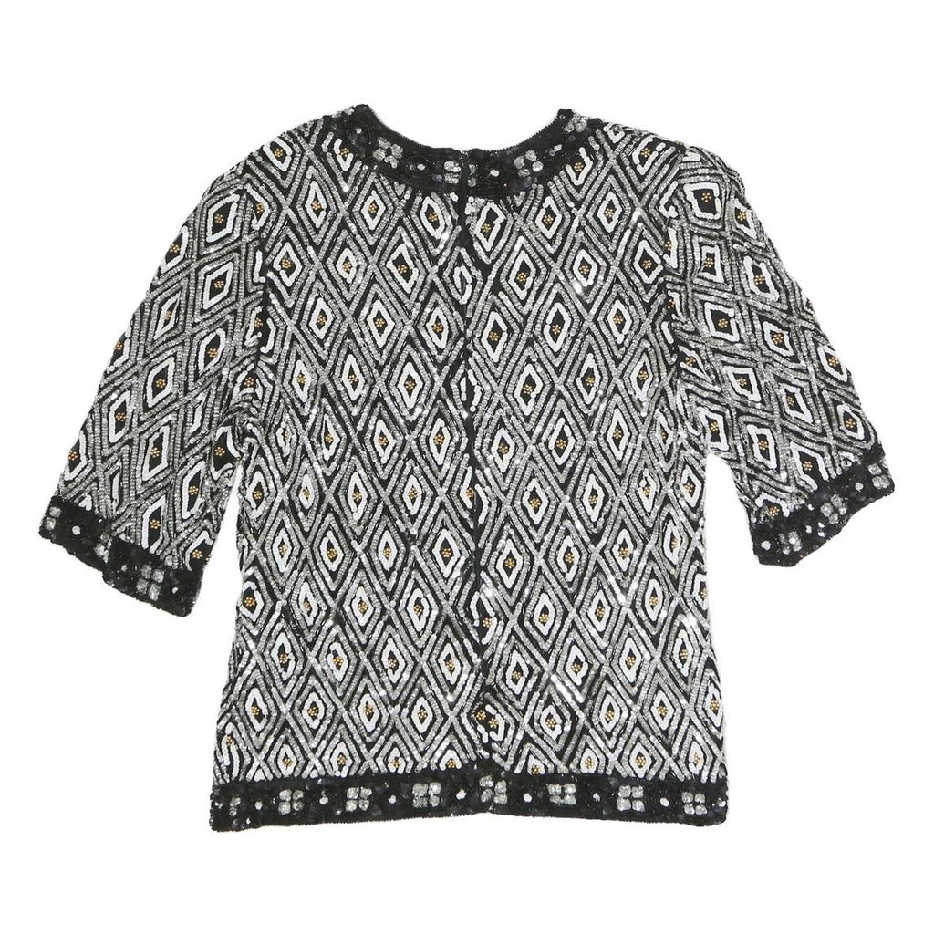 FRANK USHER Womens Black Printed Top Short Sleeve Round Neck S Beaded