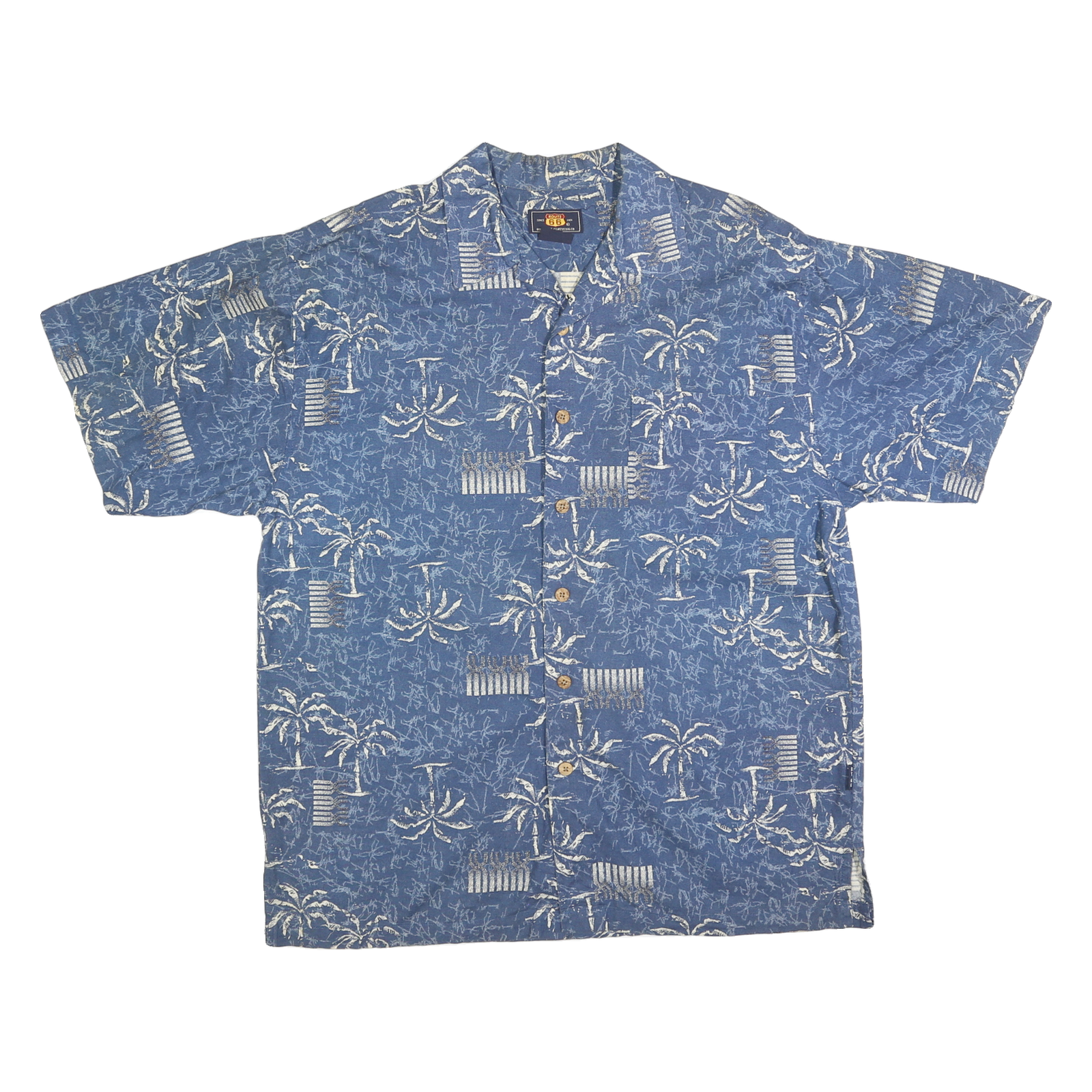 ROUTE 66 Mens Blue Hawaiian Shirt M Cotton Blend Palm Tree Print Summer Casual