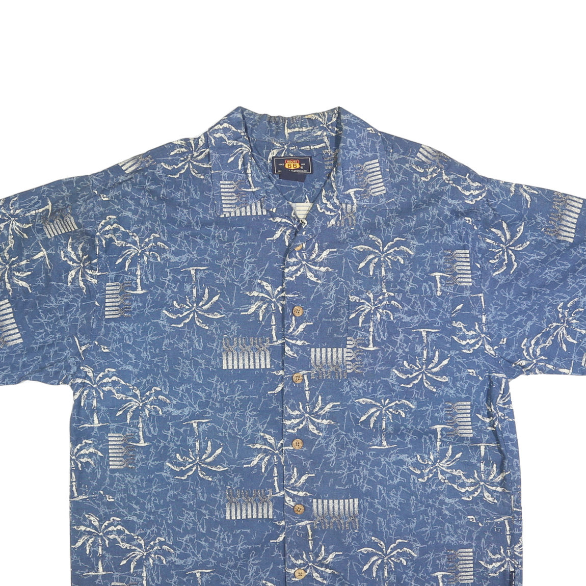 ROUTE 66 Mens Blue Hawaiian Shirt M Cotton Blend Palm Tree Print Summer Casual