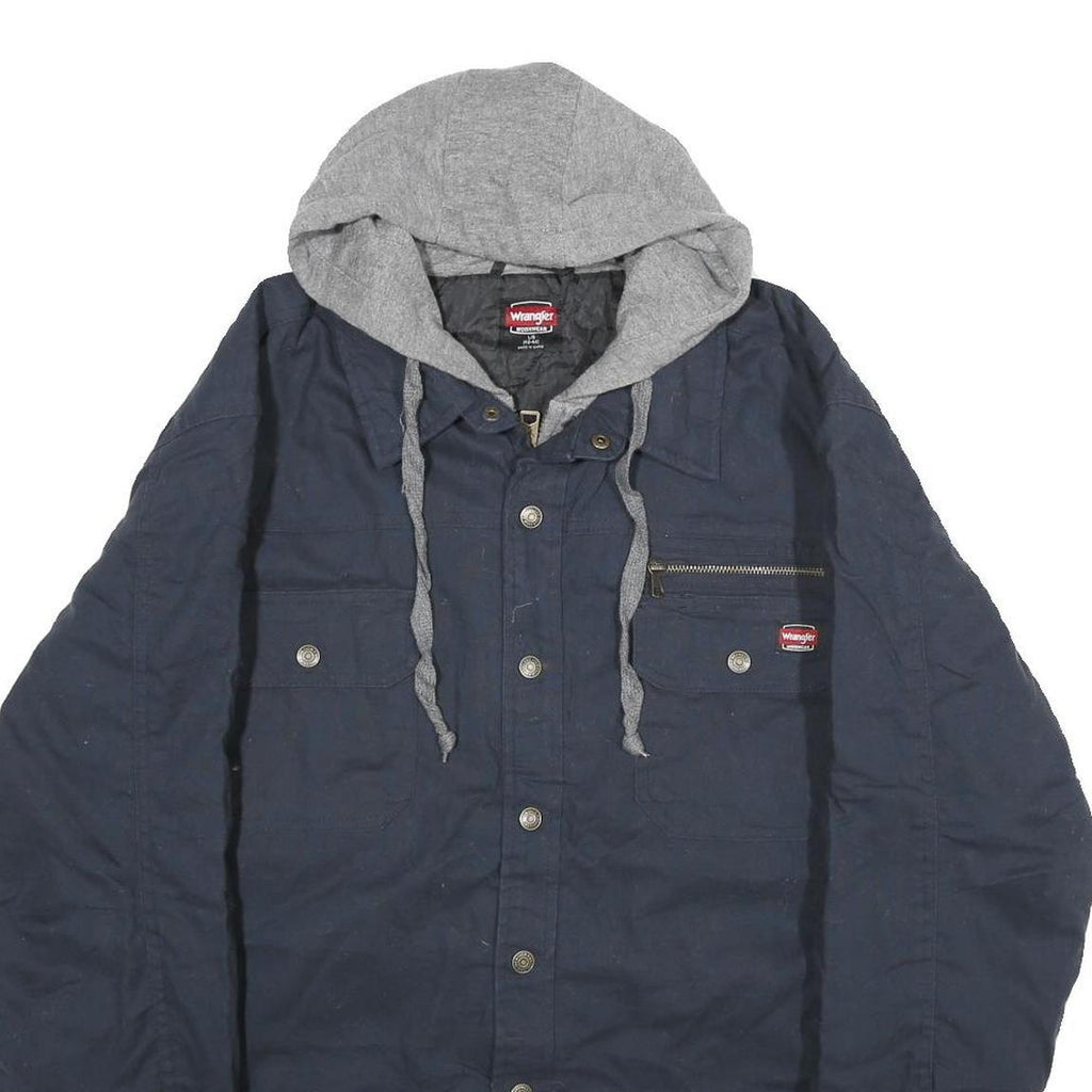 WRANGLER Mens Navy Blue Cotton Blend Jacket L Hooded Zip Casual Outerwear