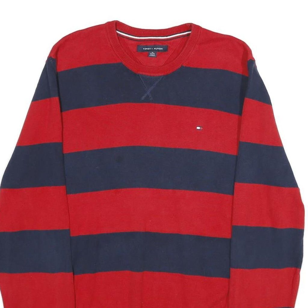 TOMMY HILFIGER Mens Red & Navy Stripe Patterned Cotton Jumper Crew Neck Basic