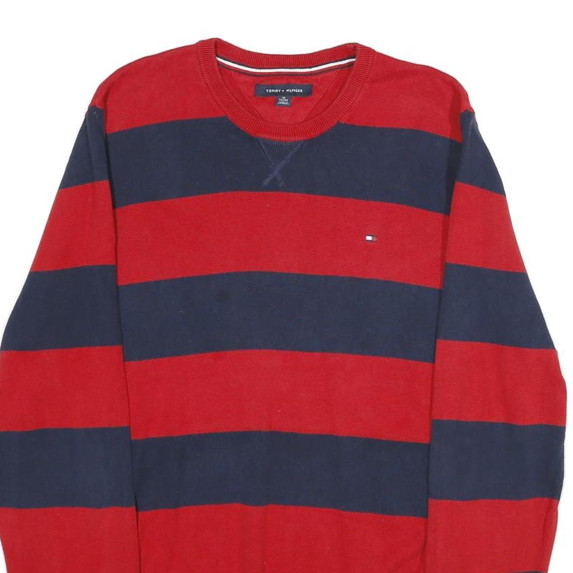 TOMMY HILFIGER Mens Red & Navy Stripe Patterned Cotton Jumper Crew Neck Basic