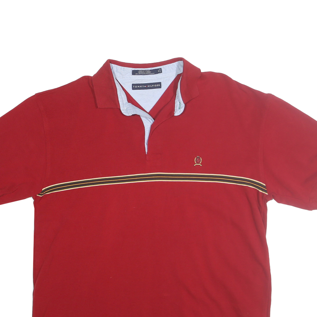 TOMMY HILFIGER Mens Red Striped Polo Shirt XL Cotton Short Sleeve Classic Fit