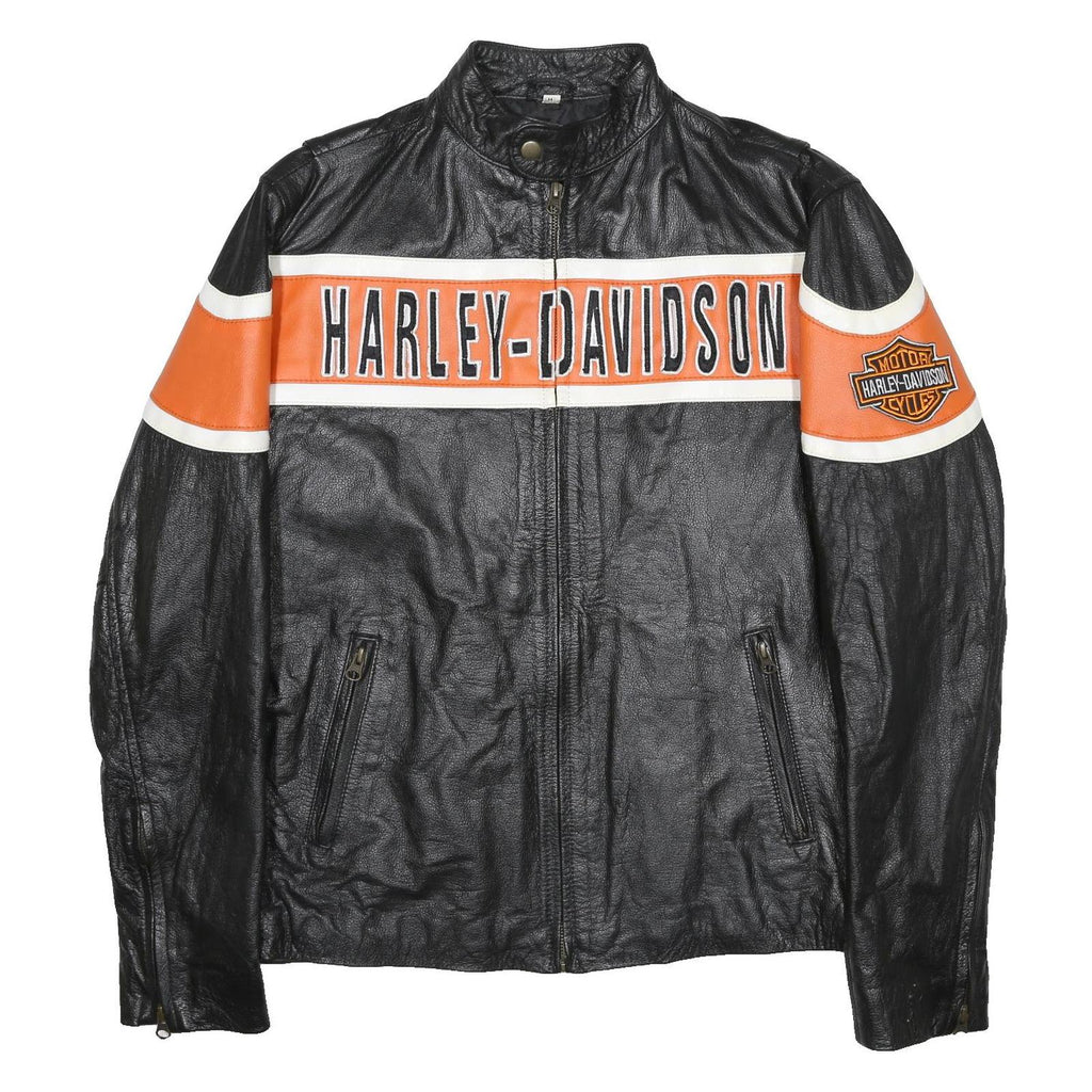 HARLEY DAVIDSON Mens Black & Orange Leather Biker Jacket M Leather Zip