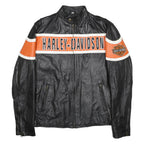 HARLEY DAVIDSON Mens Black & Orange Leather Biker Jacket M Leather Zip
