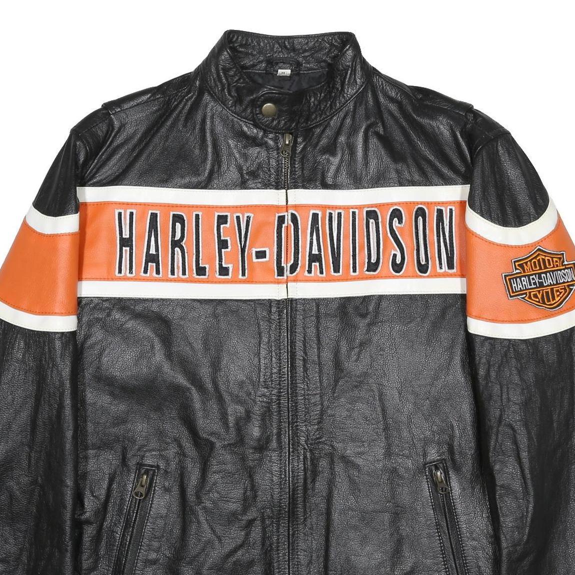 HARLEY DAVIDSON Mens Black & Orange Leather Biker Jacket M Leather Zip