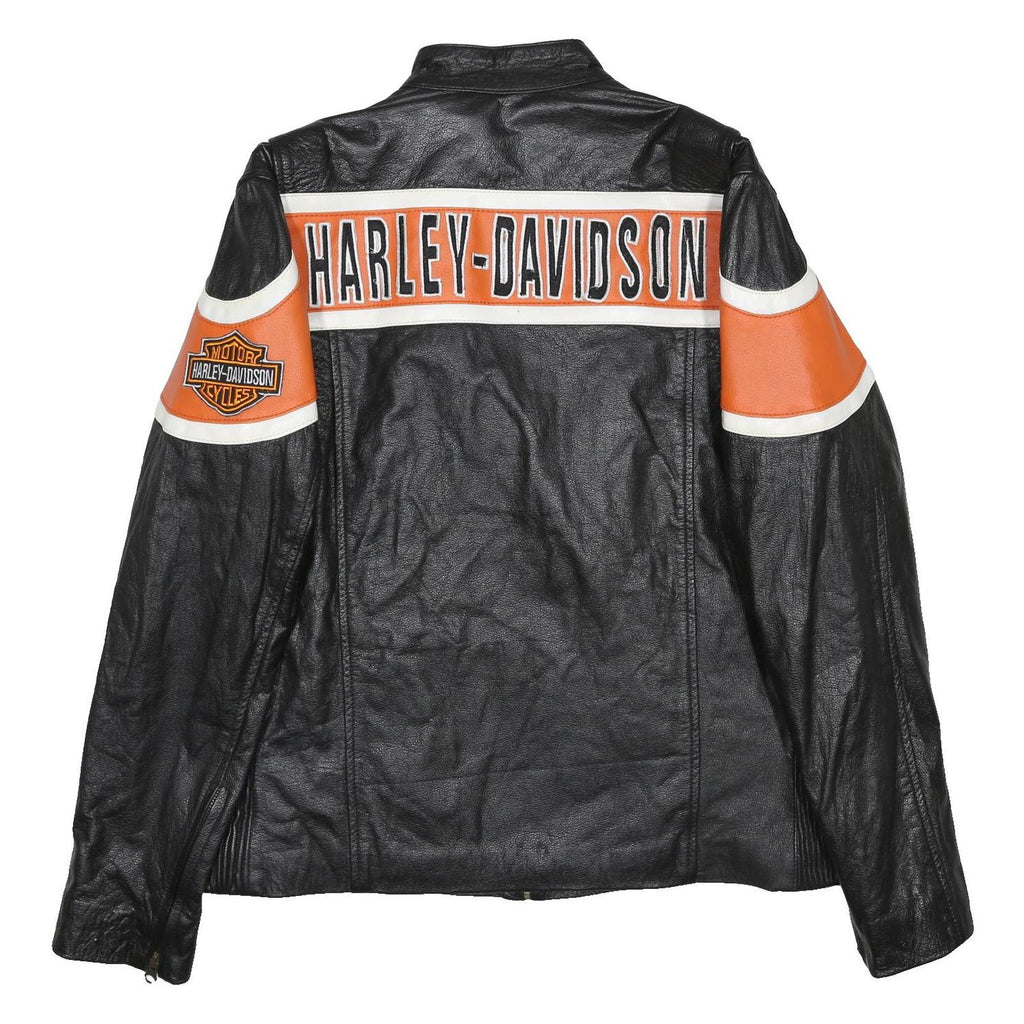 HARLEY DAVIDSON Mens Black & Orange Leather Biker Jacket M Leather Zip