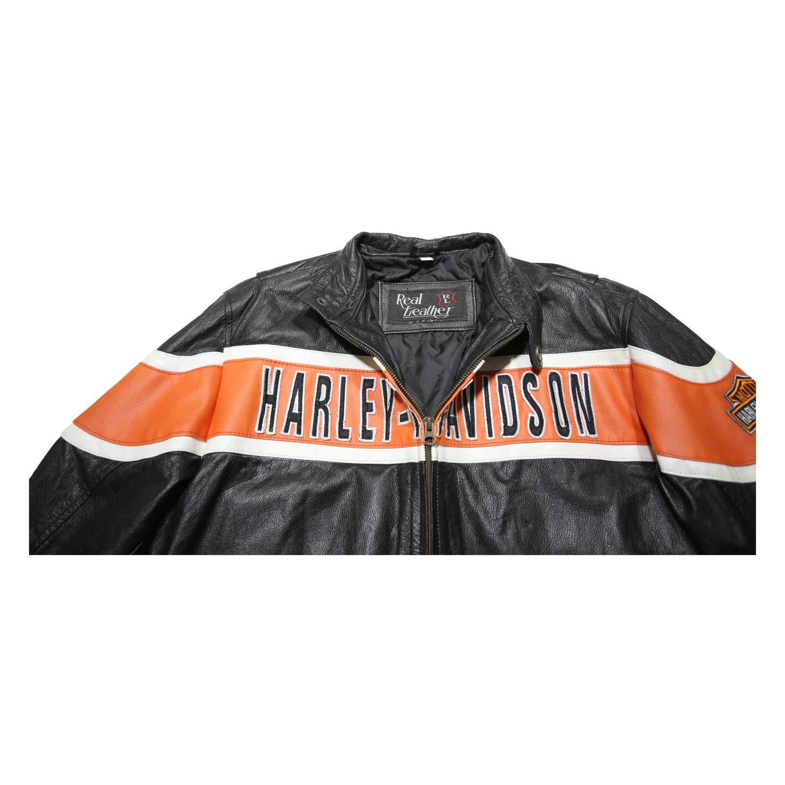 HARLEY DAVIDSON Mens Black & Orange Leather Biker Jacket M Leather Zip
