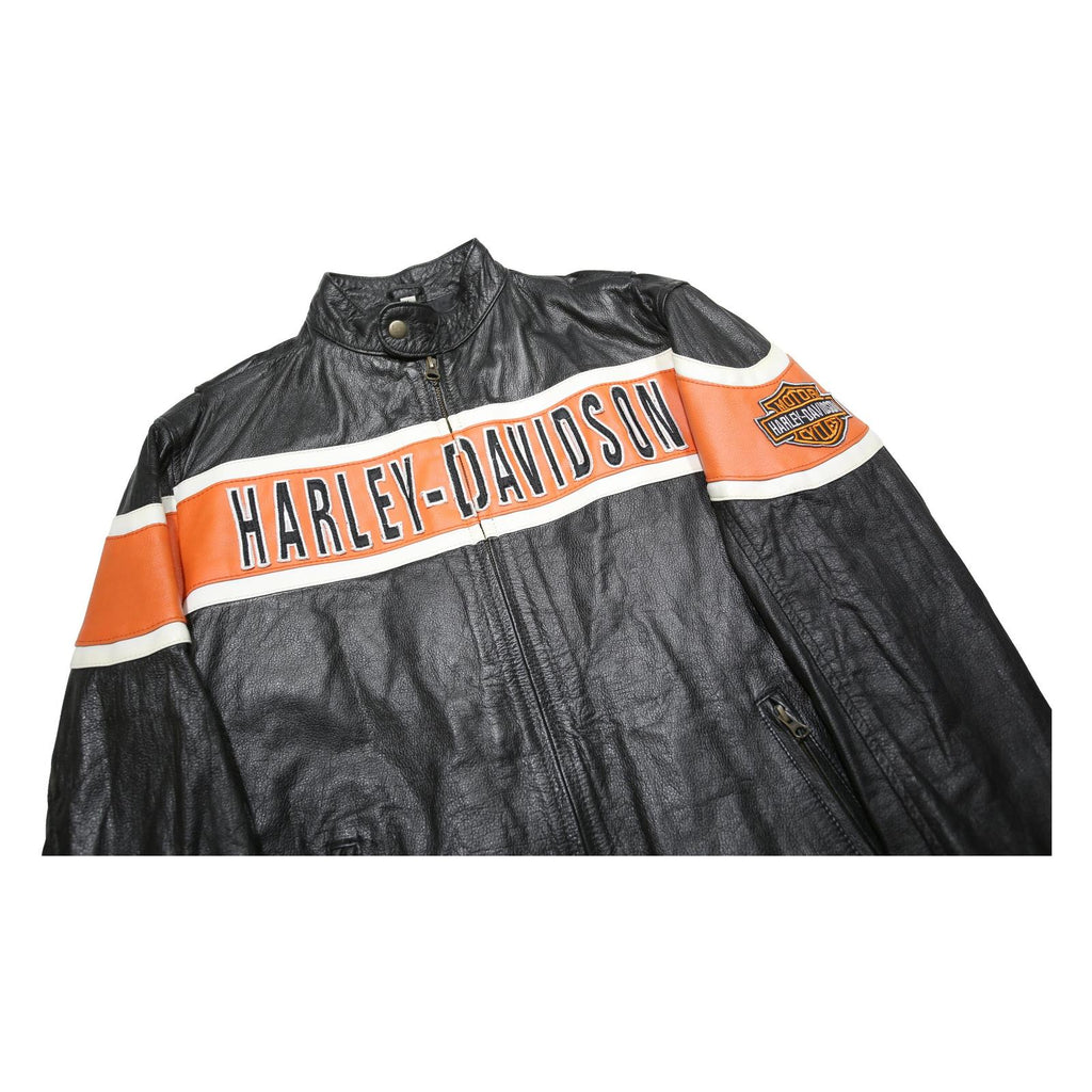 HARLEY DAVIDSON Mens Black & Orange Leather Biker Jacket M Leather Zip