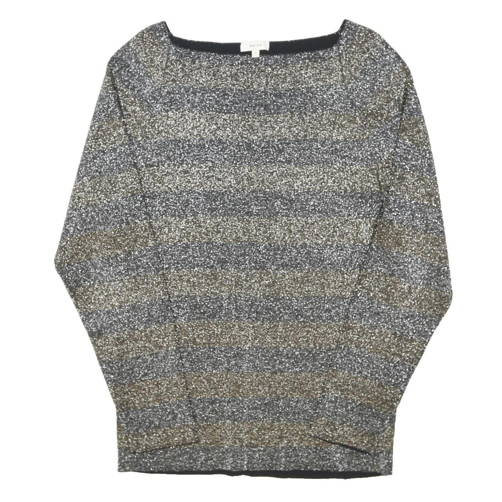 REISS Womens Grey & Brown Striped Basic Top Long Sleeve Boat Neck S Stylish