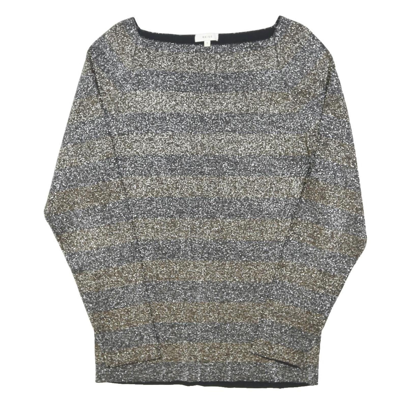 REISS Womens Grey & Brown Striped Basic Top Long Sleeve Boat Neck S Stylish