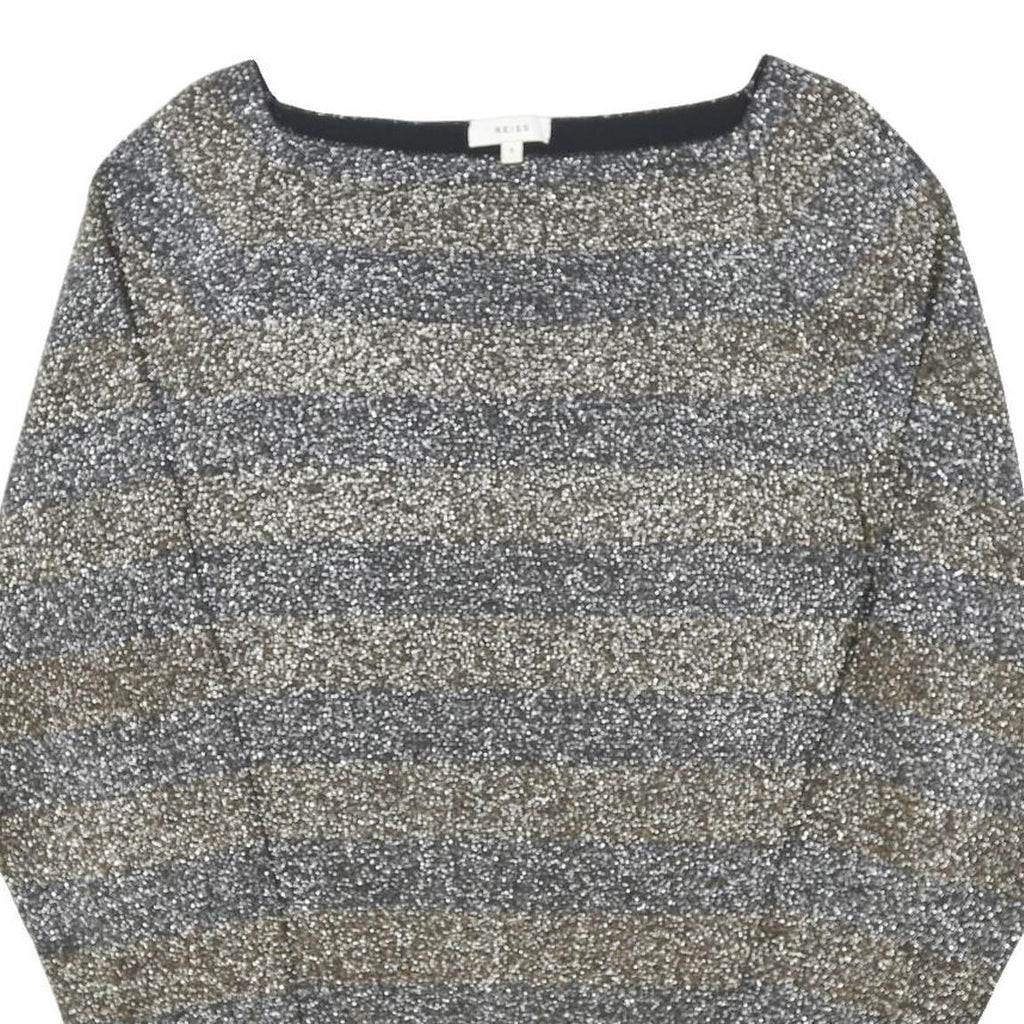 REISS Womens Grey & Brown Striped Basic Top Long Sleeve Boat Neck S Stylish
