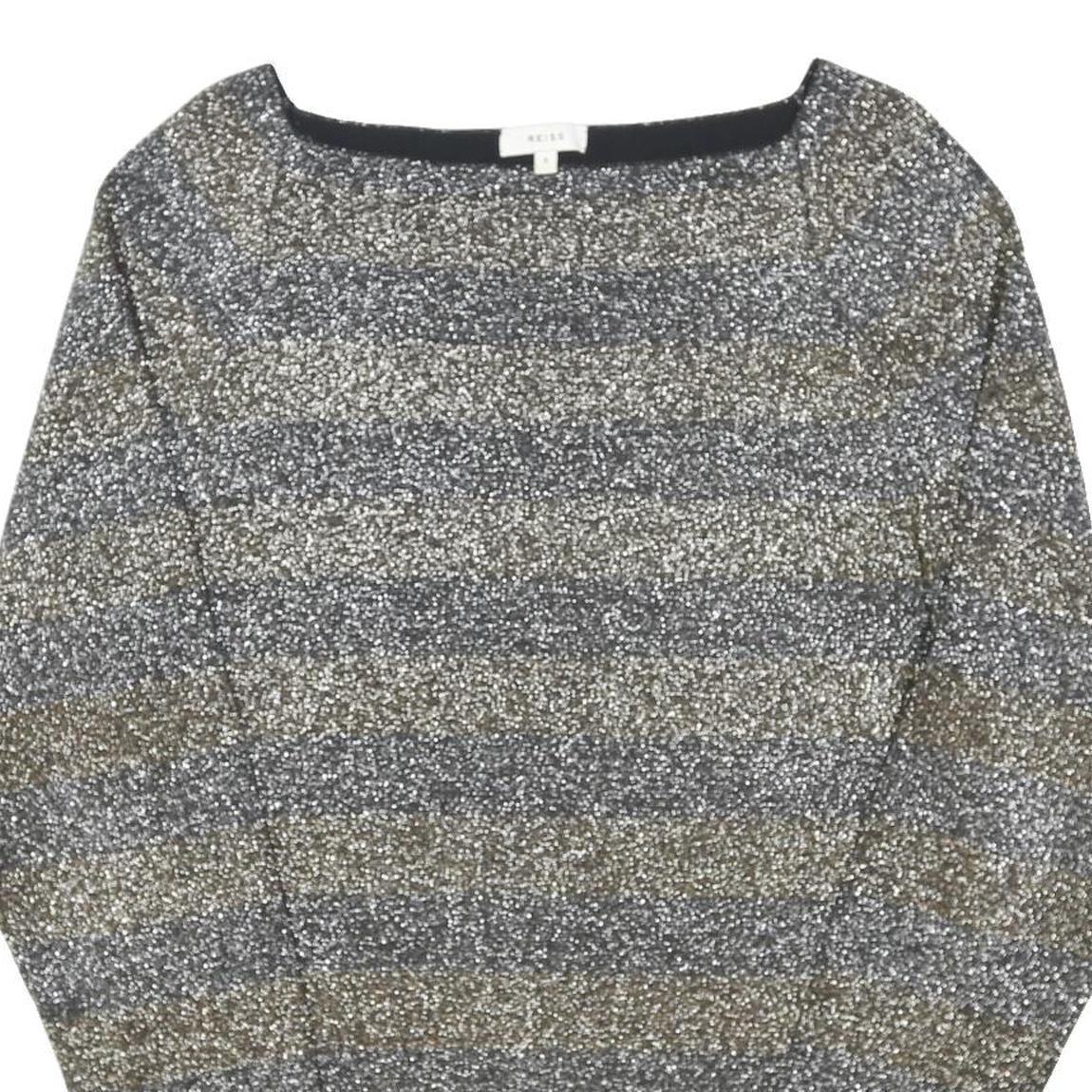 REISS Womens Grey & Brown Striped Basic Top Long Sleeve Boat Neck S Stylish