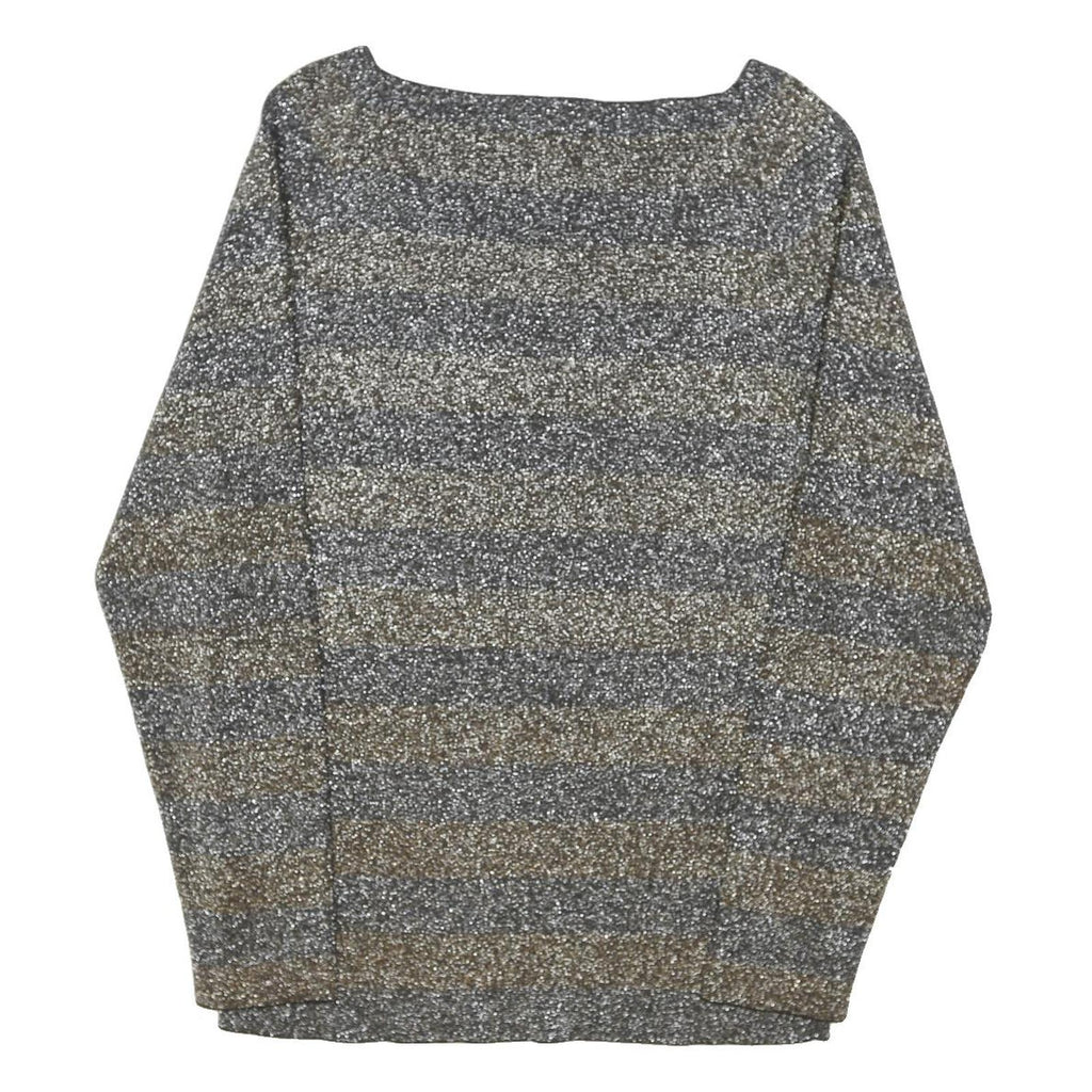 REISS Womens Grey & Brown Striped Basic Top Long Sleeve Boat Neck S Stylish