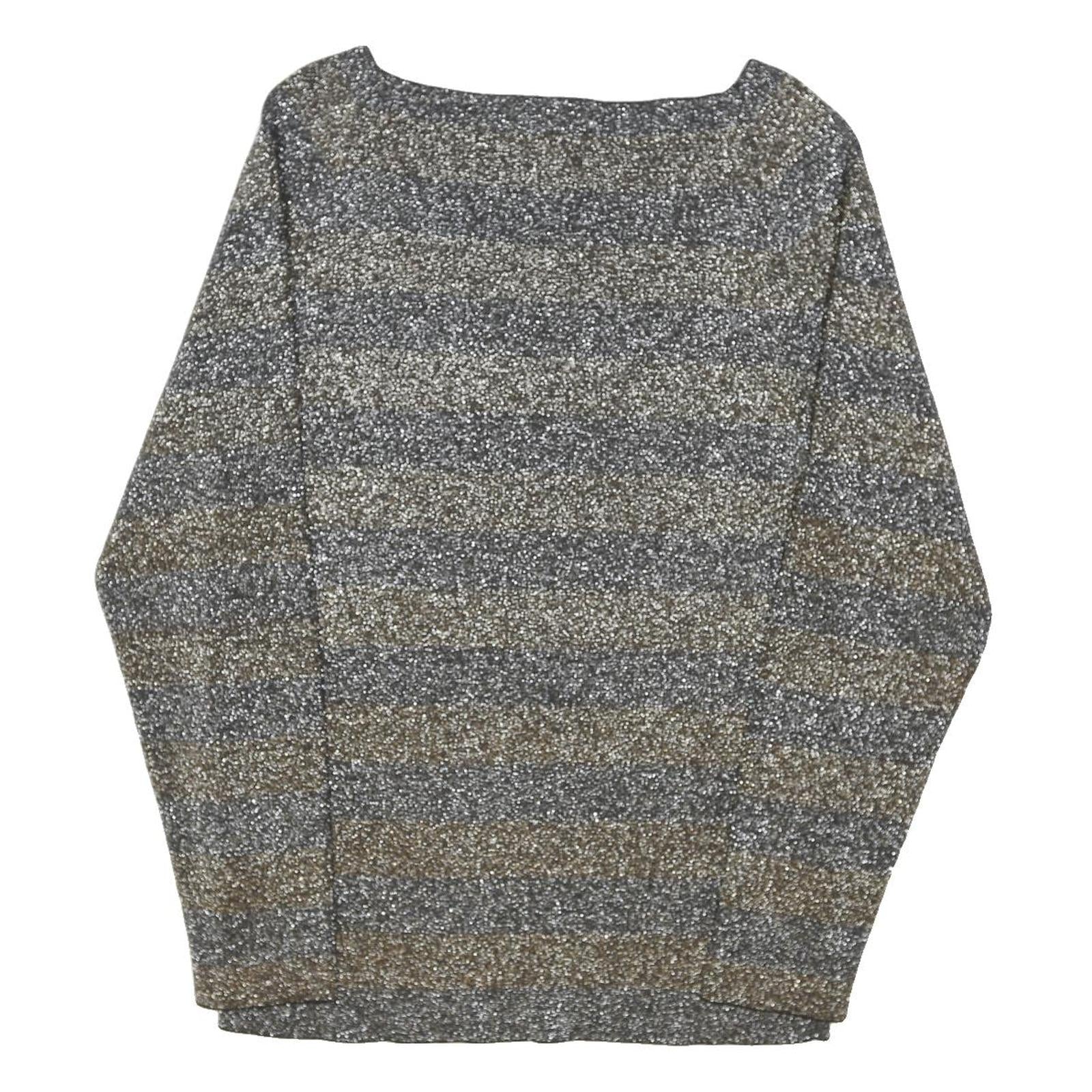 REISS Womens Grey & Brown Striped Basic Top Long Sleeve Boat Neck S Stylish