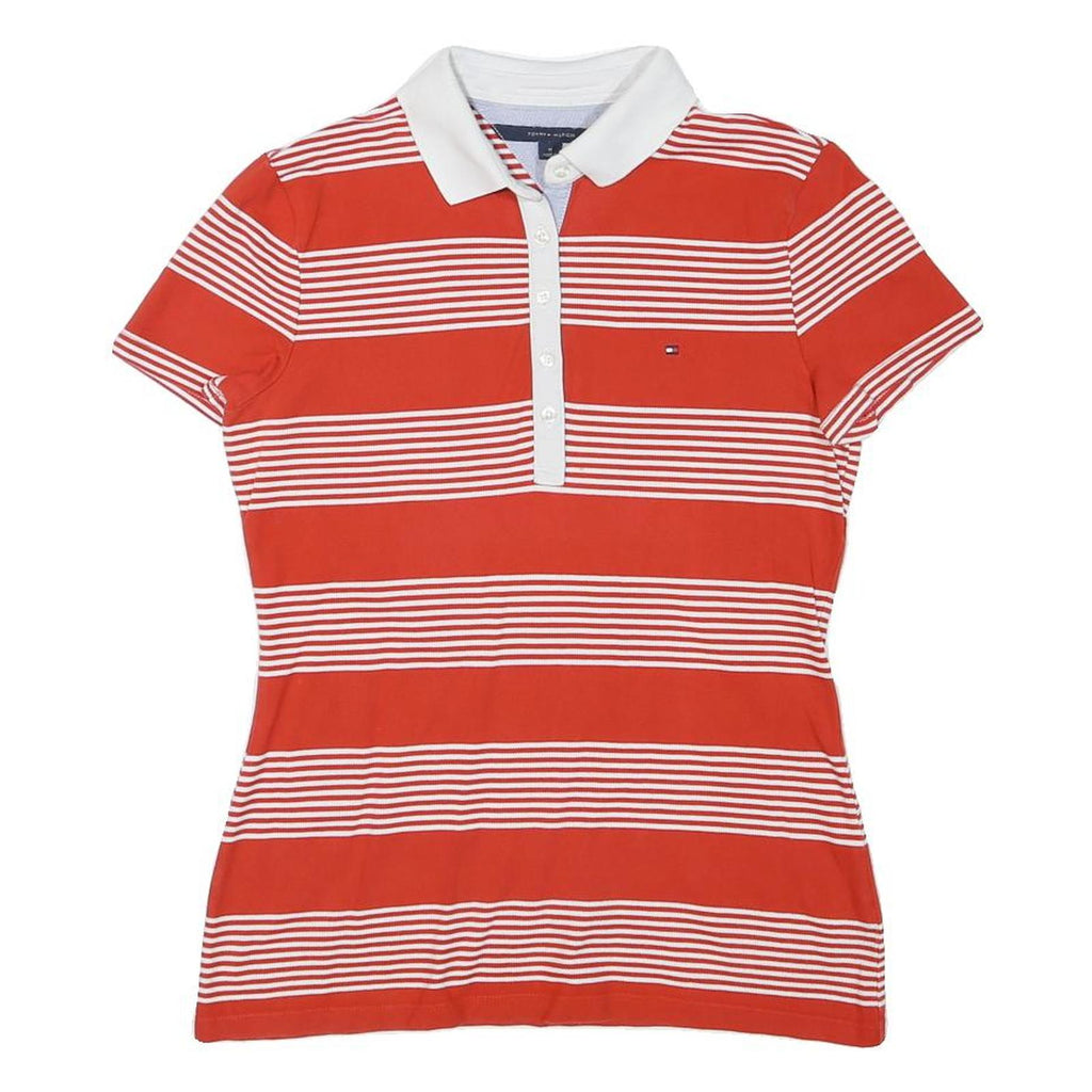 TOMMY HILFIGER Womens Red & White Stripe Short Sleeve Polo Shirt M Cotton Blend