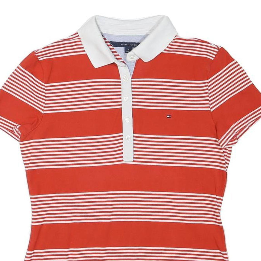 TOMMY HILFIGER Womens Red & White Stripe Short Sleeve Polo Shirt M Cotton Blend