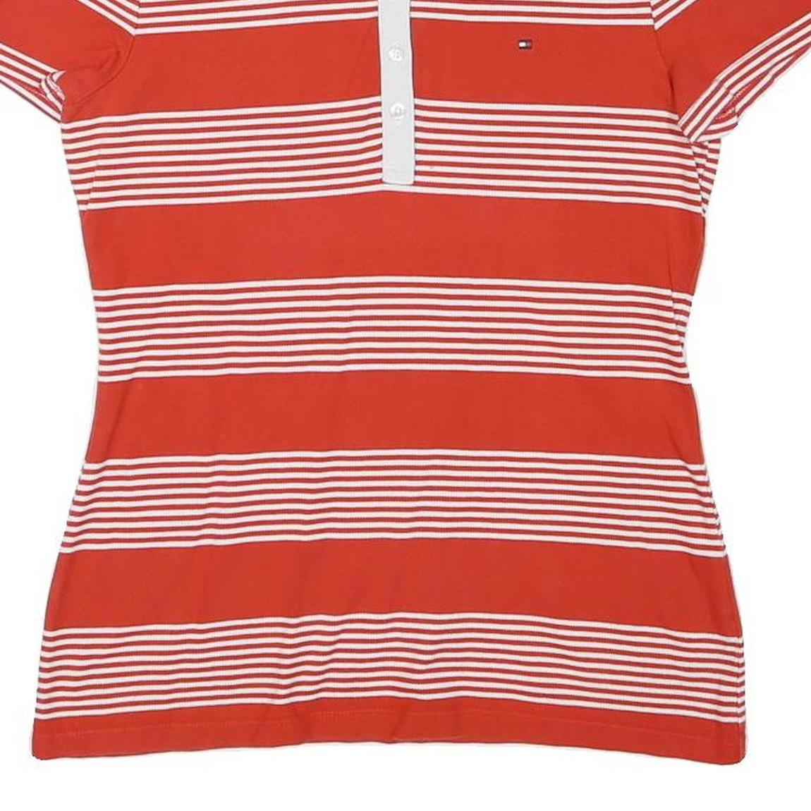 TOMMY HILFIGER Womens Red & White Stripe Short Sleeve Polo Shirt M Cotton Blend