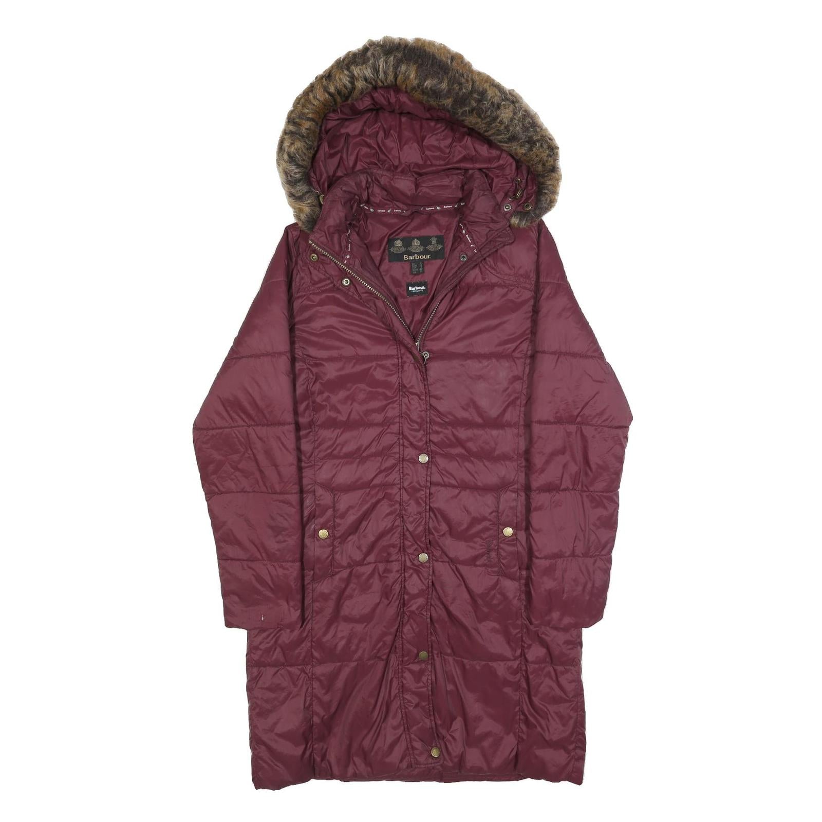 BARBOUR Womens Maroon Puffer Jacket UK 12 Polyester Zip Hooded Quilted Long