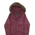 BARBOUR Womens Maroon Puffer Jacket UK 12 Polyester Zip Hooded Quilted Long