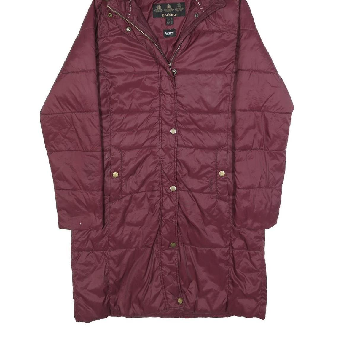 BARBOUR Womens Maroon Puffer Jacket UK 12 Polyester Zip Hooded Quilted Long
