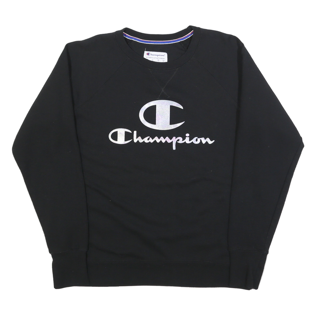 CHAMPION Womens Black Cotton Blend Crew Neck L Sweatshirt Logo Print Casual