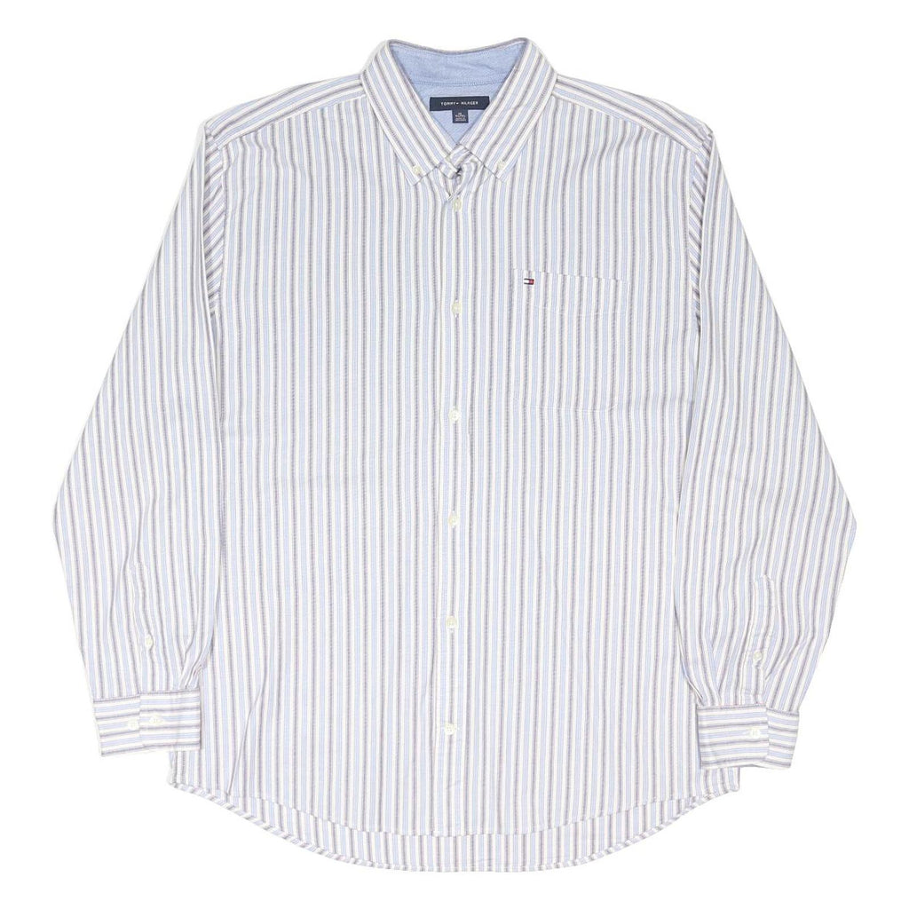 TOMMY HILFIGER Mens Blue & Brown Striped Shirt XL Classic Cotton Blend Long