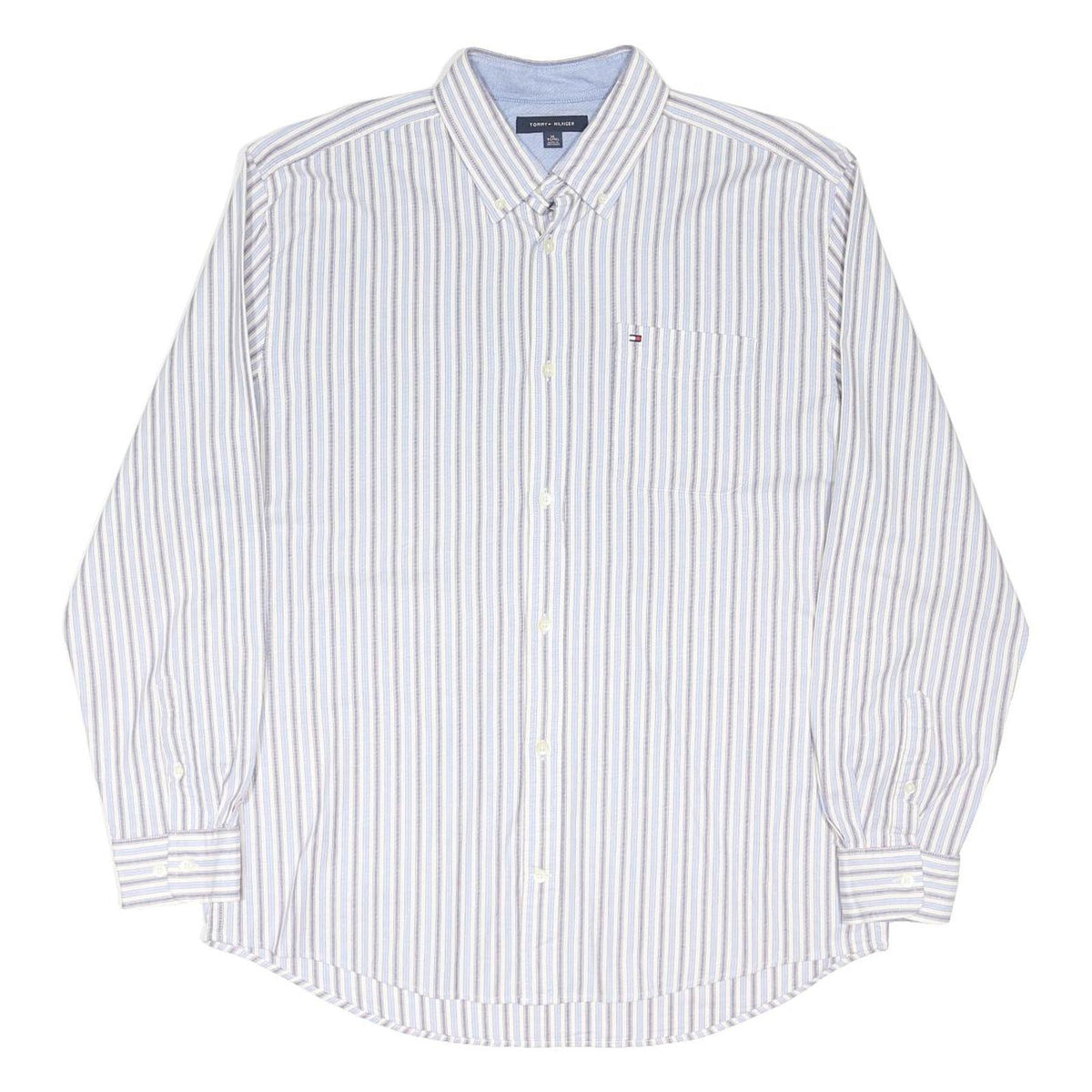 TOMMY HILFIGER Mens Blue & Brown Striped Shirt XL Classic Cotton Blend Long
