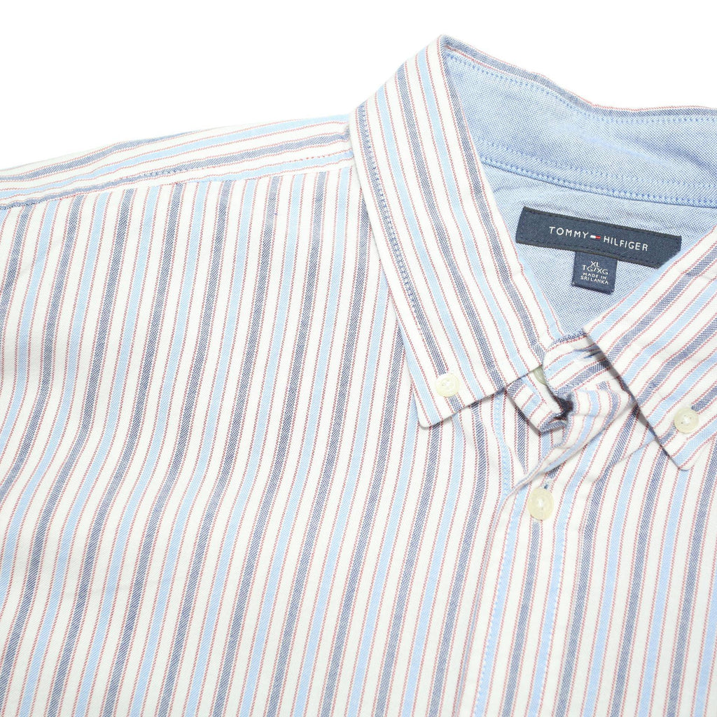 TOMMY HILFIGER Mens Blue & Brown Striped Shirt XL Classic Cotton Blend Long