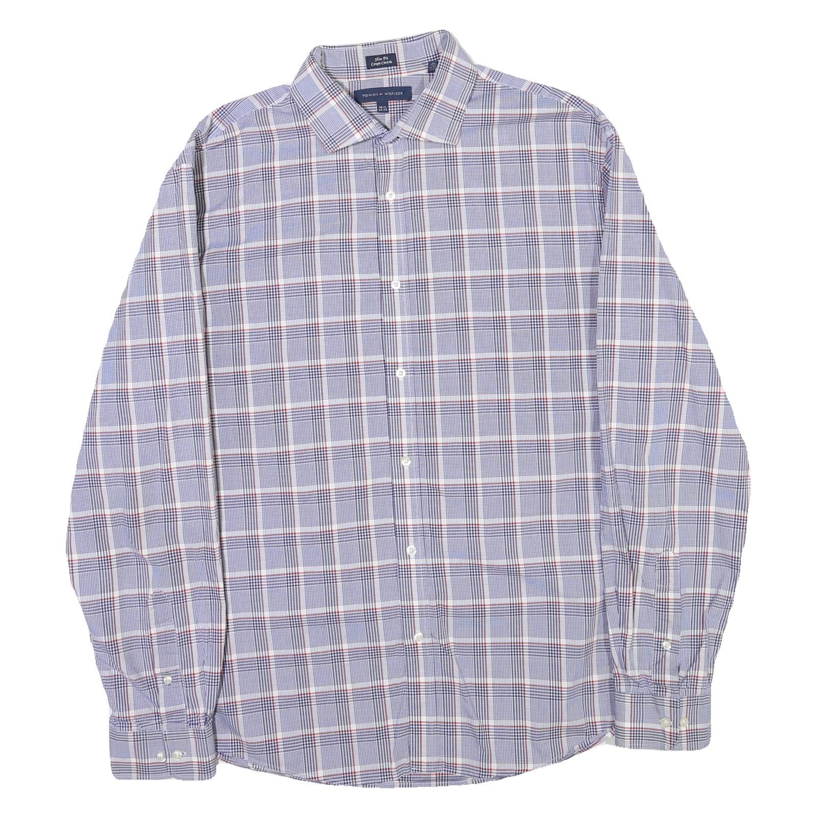 TOMMY HILFIGER Mens Blue & Red Check Shirt L Slim Fit Cotton Blend Casual