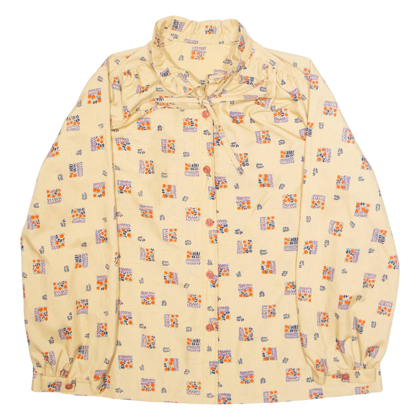 Womens Printed Blouse Beige High Neck Long Sleeve Crazy Pattern M