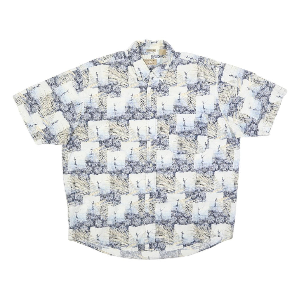 NATURAL ISSUE Mens Blue & Cream Cotton Blend Short Sleeve Shirt L Casual Summer