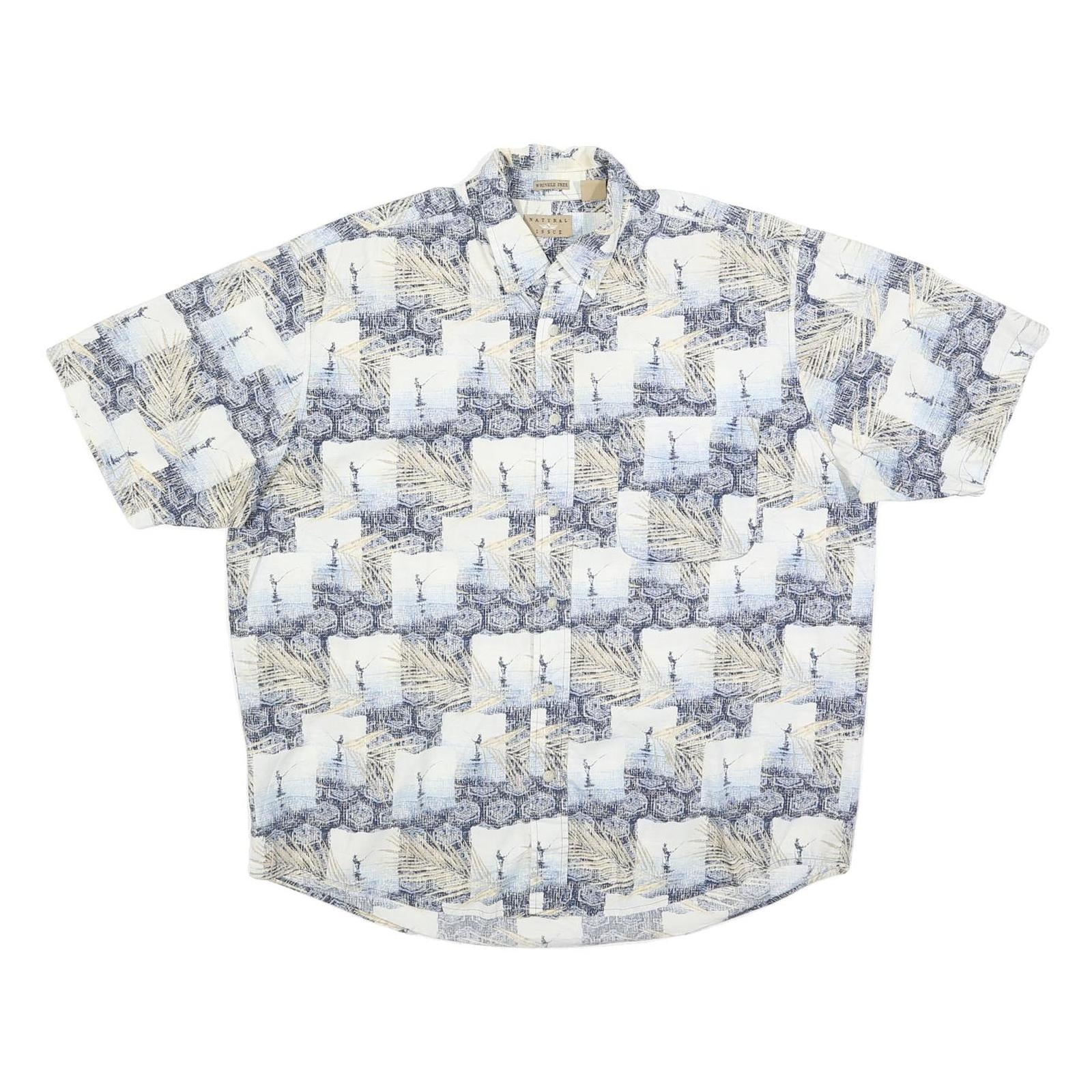 NATURAL ISSUE Mens Blue & Cream Cotton Blend Short Sleeve Shirt L Casual Summer