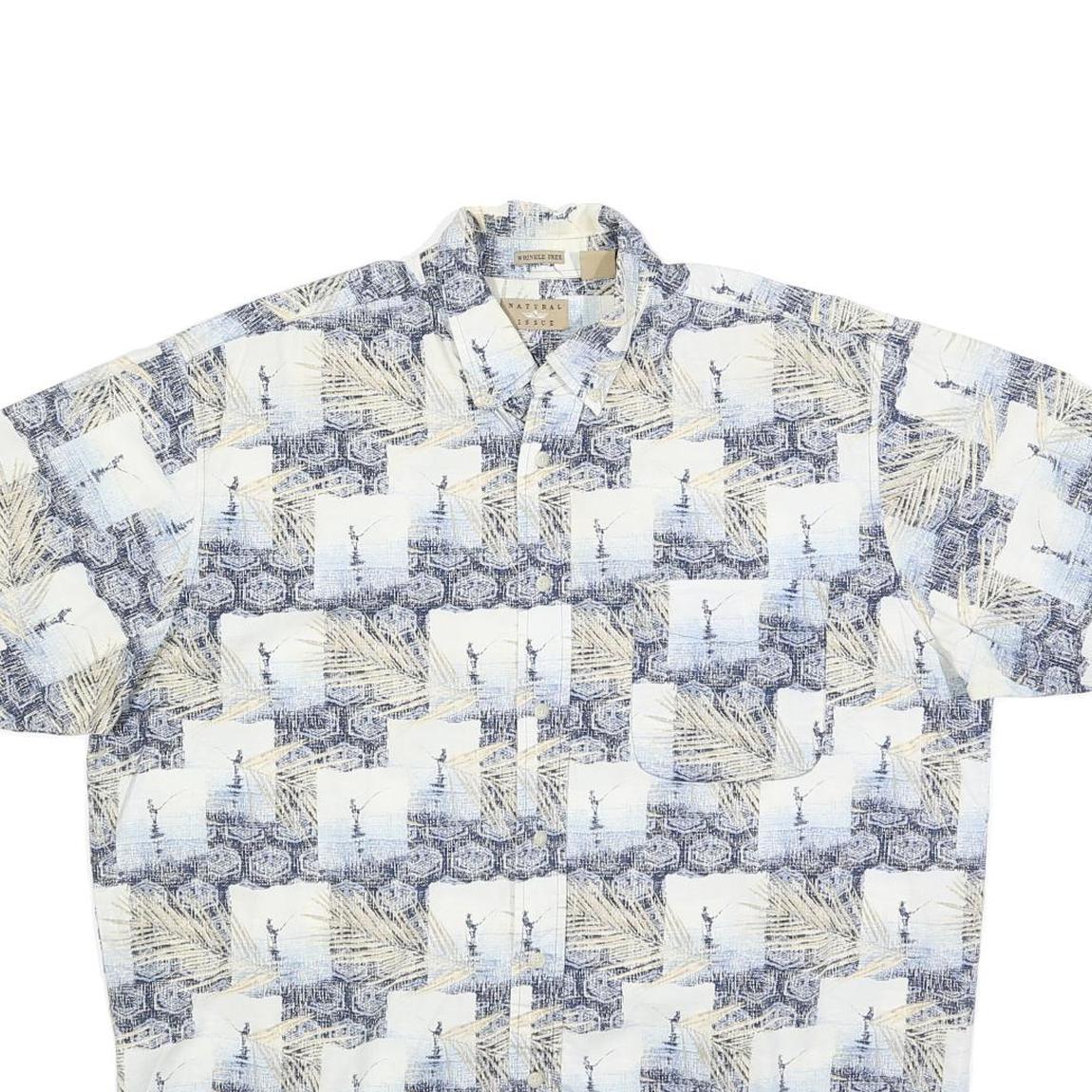 NATURAL ISSUE Mens Blue & Cream Cotton Blend Short Sleeve Shirt L Casual Summer