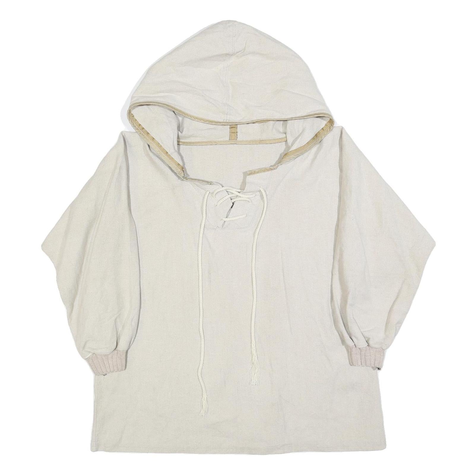 Womens Cream Hooded Pullover L Lace-Up Hoodie Patch Detail Casual
